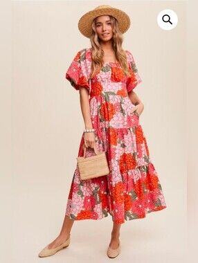 Listicle Floral Puff-Sleeve Midi Dress in Pink & Red